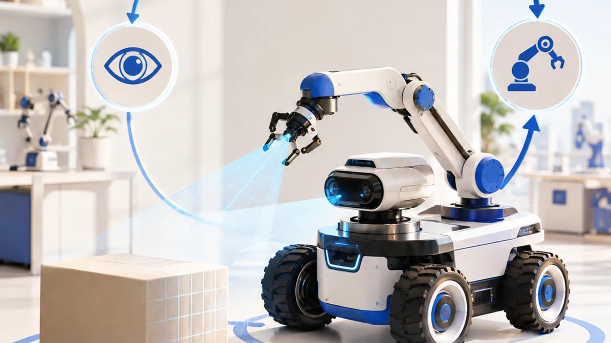 Three-dimensional educational model of a mobile robot sensing a box and controlling its wheels and arm