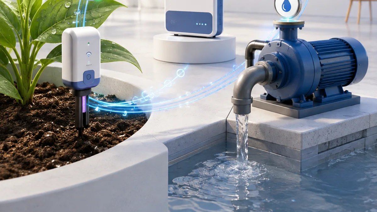 Three-dimensional Internet of Things system linking a plant sensor, gateway, cloud dashboard and water pump