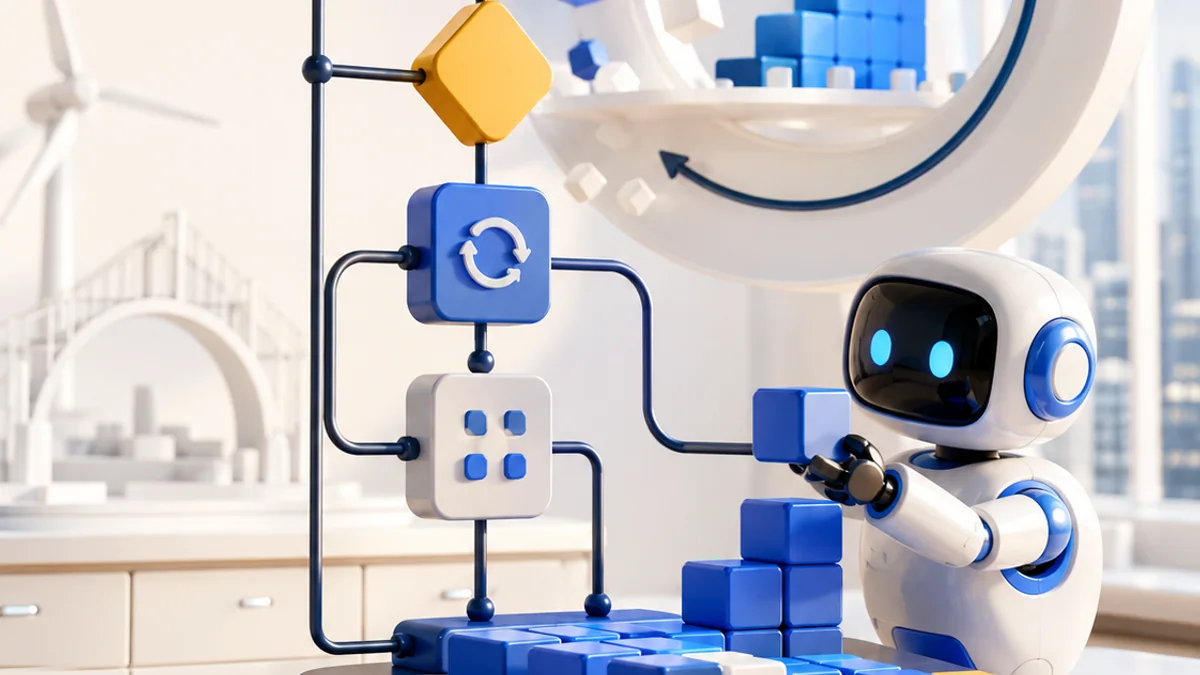 Three-dimensional programming lesson showing code blocks for input, decisions, loops and robot output