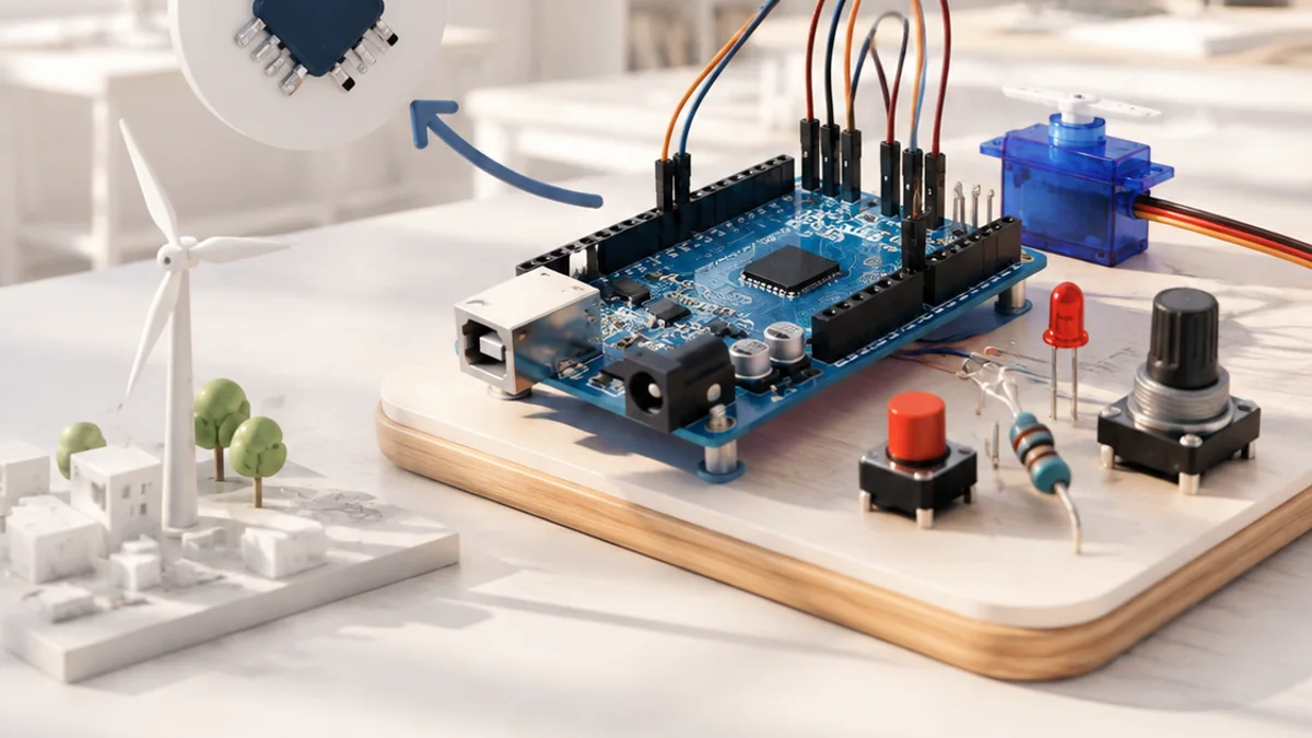 Three-dimensional microcontroller prototype with button, potentiometer, LED, resistor and servo