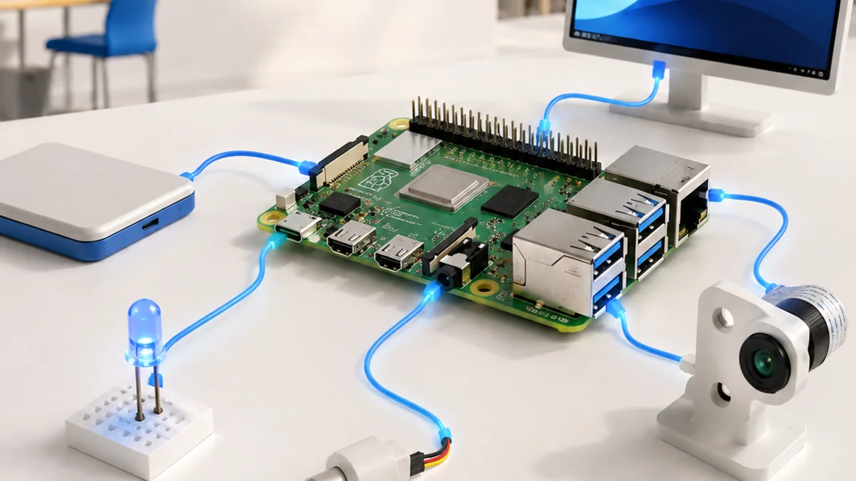 Three-dimensional single-board computer connected to storage, display, camera, LED and temperature sensor