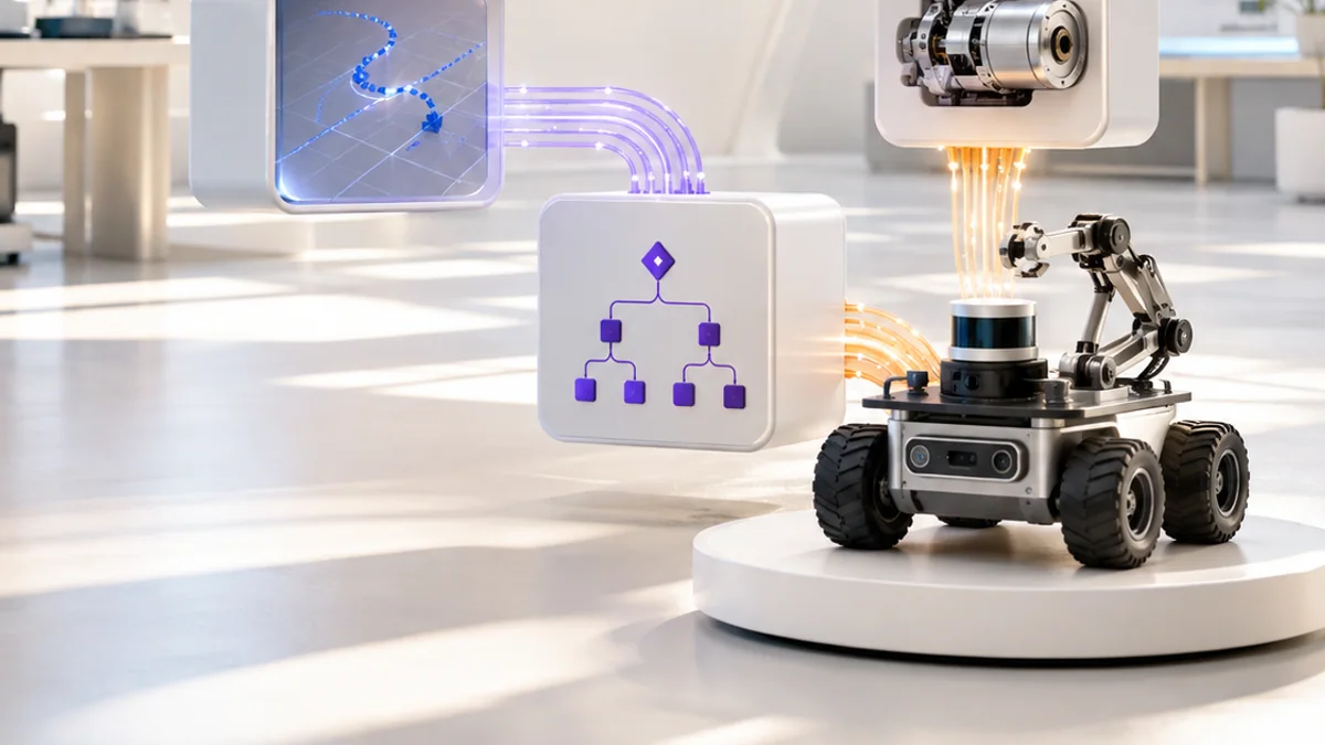 Three-dimensional robot software modules linked by sensor, mapping, decision and motor-control message paths