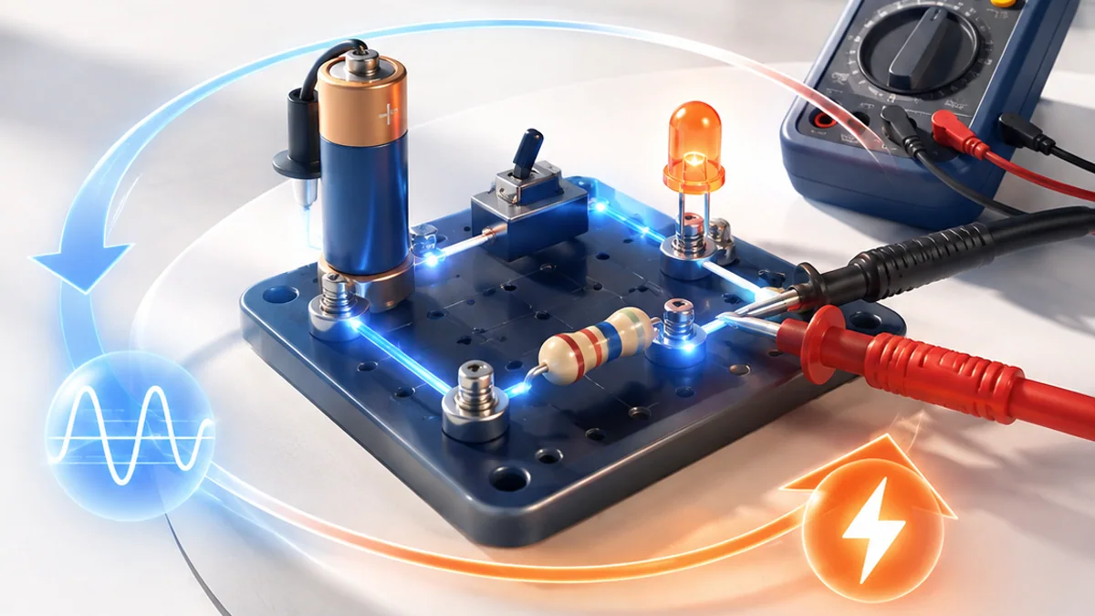 Three-dimensional low-voltage circuit with battery, switch, resistor, LED and multimeter probes