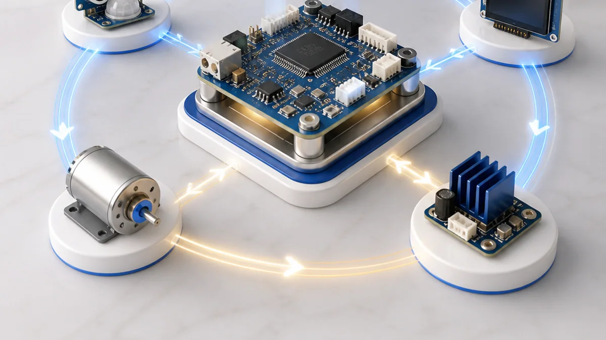 Three-dimensional embedded system connecting sensors, timer, microcontroller, display and motor driver