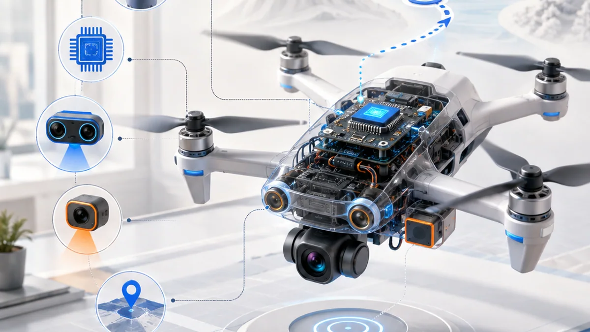 Three-dimensional educational quadcopter showing rotors, flight controller, sensors, camera and a safe waypoint mission