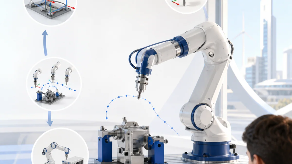 Three-dimensional RoboDK learning scene with an industrial robot, reference frames, target poses and collision-free simulated paths
