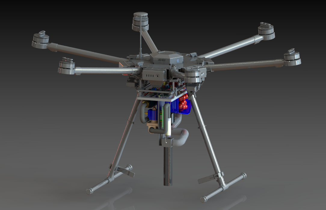 Rendered DJI M600 Pro drone carrying the Academy4Tech afforestation payload