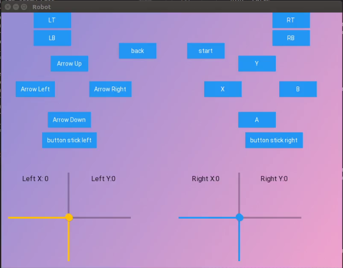 ROS joystick control interface showing buttons and live controller axes