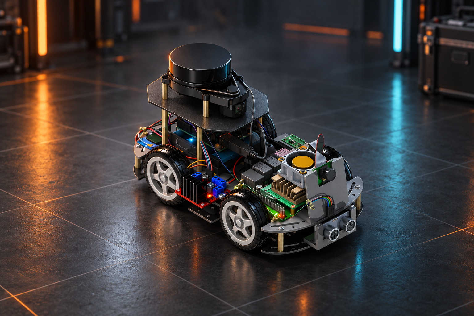 WildeBeest Pro autonomous robot with its LiDAR, camera, electronics and four-wheel chassis